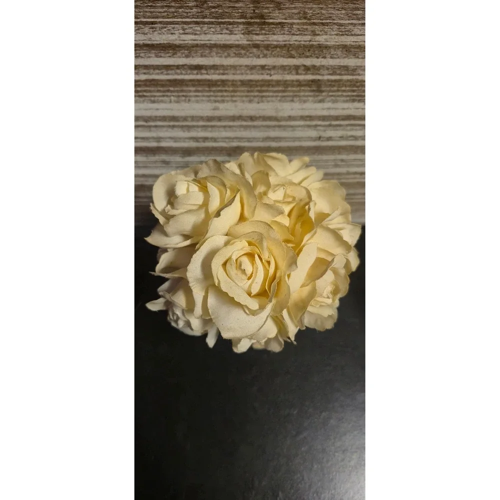 Cream Faux Rose Floral Arrangement in Rustic Wood Slice Base Farmhouse‎ Decor